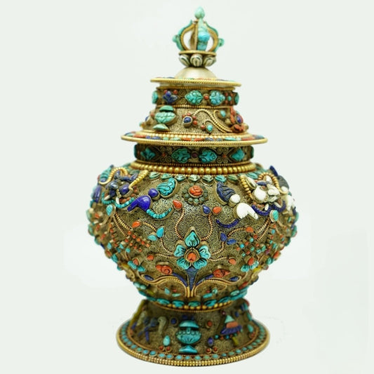 tibetan-buddhist Hand-Painted Yellow Jambhala Treasure Vase Art