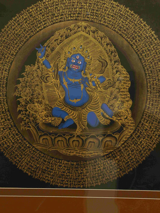This Hand-Painted Blue Wrathful Protector Thangka Hides a Powerful Shield: “Obstacle-Clearing Barrier + Scripture Blessings”