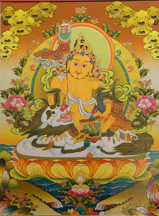 This Lion-Riding Yellow Jambhala Thangka Hides “Stable Wealth Carried by a Lion: Fortune Surges, Obstacles Fade, Days Thrive”