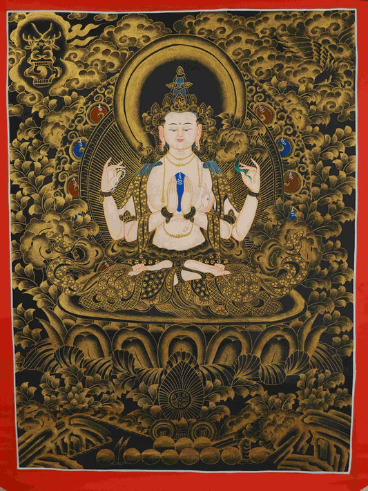 This Black-Gold Four-Armed Guanyin Thangka Hides “A Gilded Soft Armor on Black: Worries Fade, Blessings Fill, Days Settle”