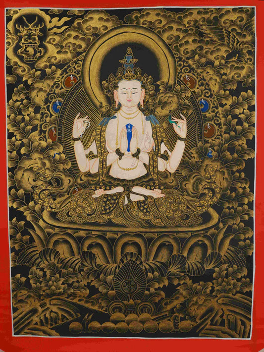 This Black-Gold Four-Armed Guanyin Thangka Hides “A Gilded Soft Armor on Black: Worries Fade, Blessings Fill, Days Settle”