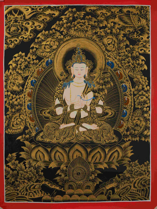 This Black-Gold Vairocana Buddha Thangka Hides “Dharma Realm-Wrapped Wisdom Light: Chaos Fades, Wisdom Fulfills, Days Settle” When Vairocana’s Dharma Stabilizing Mudra meets the soft glow of black-gold, you’ll realiz