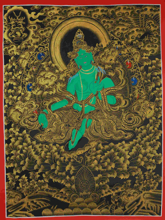 This Black-Gold Amoghasiddhi Buddha Thangka Hides “Career Light-Wrapped Fearless Shield: Fear Fades, Endeavors Smooth, Days Steady”