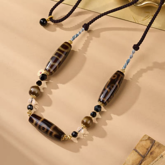 Tibetan-Buddhist Ivory Yellow Multi-Dzi Agate Clavicle Tibetan Buddhist Jewelry