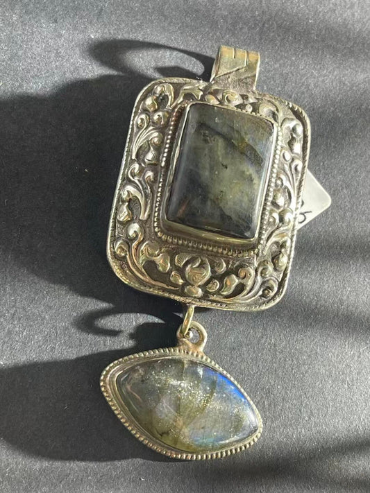 Tibetan Buddhist Hand-Painted Labradorite Pendant - Jewelry Art