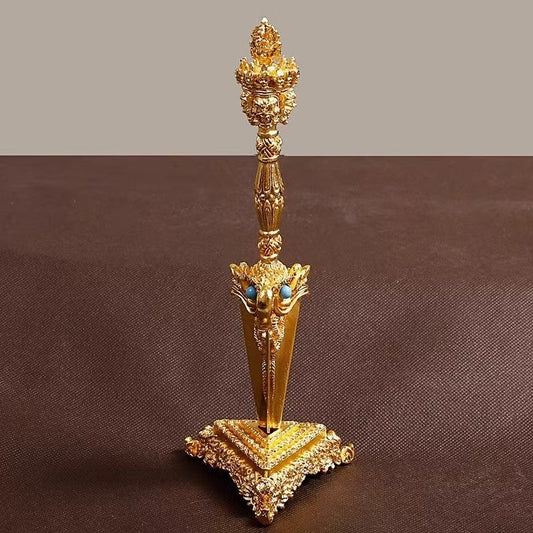Tibetan-Buddhist Handcrafted Gilded Brass Three-Faced Phurba with Tibetan Buddhist Ritual Object