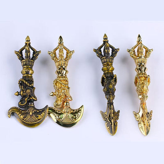 Tibetan-Buddhist Brass Five-Prong Vajra Dragon Head & Axe Knife