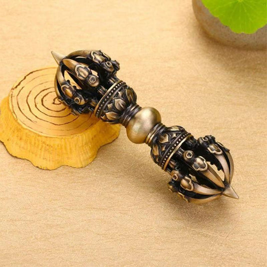Tibetan-Buddhist Brass Nine-Prong Vajra with Bell | Handcrafted Art