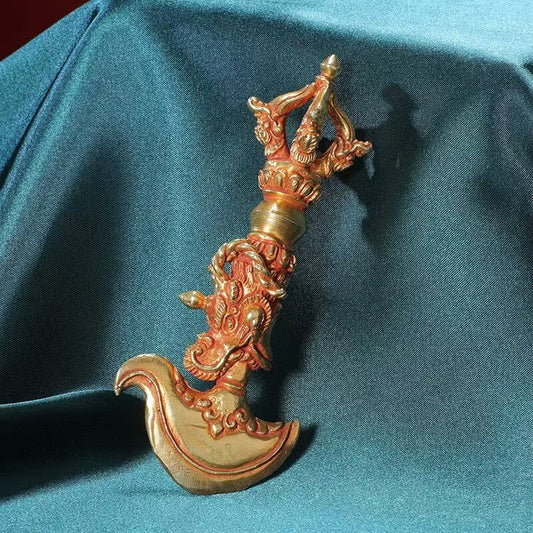 Tibetan-Buddhist Handcrafted Brass Vajra with Dragon Tibetan Buddhist Ritual Object