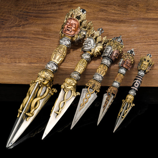 Tibetan Buddhist 33cm Handcrafted Purba Vajra Dagger Brass Copper Art