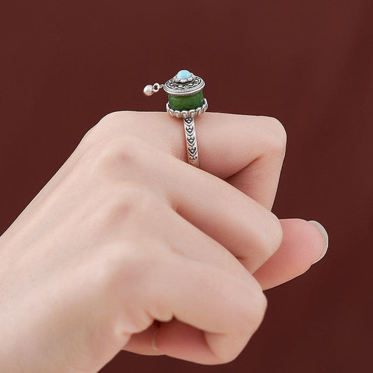 tibetan-buddhist HeTian Jade Turquoise Silver Rotating Tibetan Buddhist Jewelry
