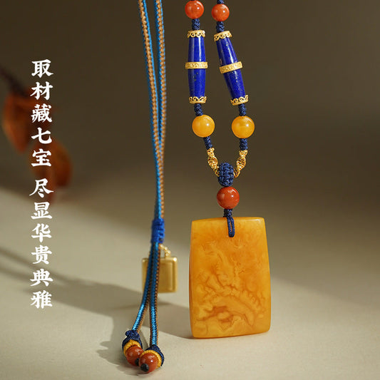 Tibetan Buddhist Xiangyang Amber Pendant with Lapis Lazuli – Handmade Spiritual Jewelry