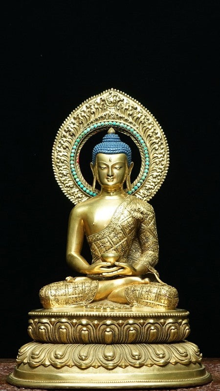 Tibetan-Buddhist Gilded Amitabha Buddha Statue, Purple Copper, Handcrafted