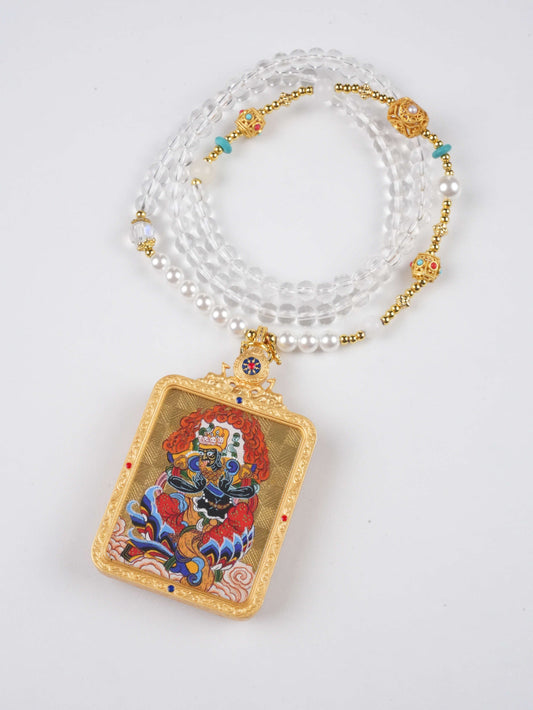 Zaki Lhamo Hand-Painted Thangka Necklace Pendant – Rectangular Tibetan Guardian Goddess Amulet (4×5 cm)