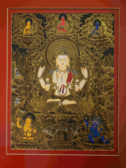 Hand-Painted Black-Gold Four-Armed Avalokiteshvara "Five Wisdoms Compassion Altar" Thangka