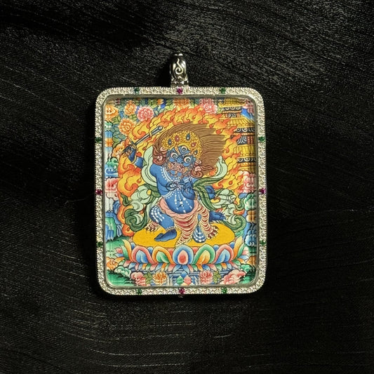 4x5cm Hand-Painted Acala (Fudo Myoo) with Eight Guardians and Mandala Buddhist Pendant: Tibetan Buddhist Jewelry