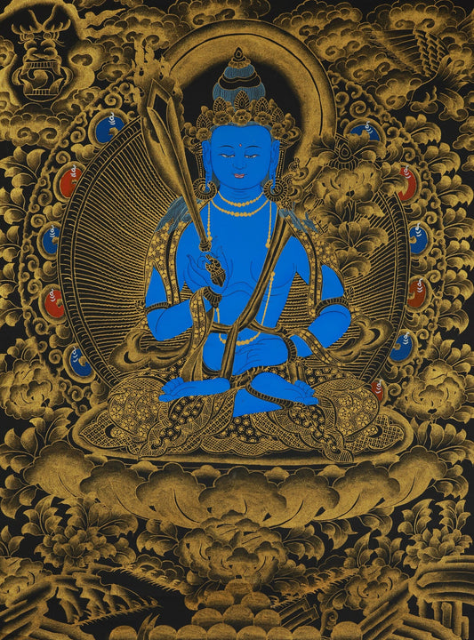 Black-Gold Ākāśagarbha Bodhisattva Thangka in Tibetan Buddhism