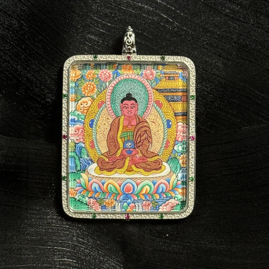 4x5cm Hand-Painted Amitabha Buddha with Eight Guardians and Mandala Buddhist Pendant: Tibetan Buddhist Jewelry
