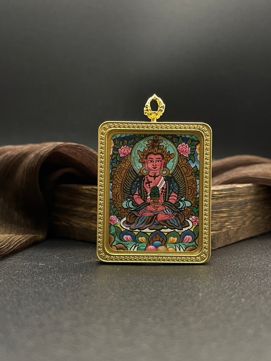 3.5x4.5cm Hand-Painted Nepal Amitayus (长寿佛) Buddhist Pendant with Titanium Casing: Remove Tibetan Buddhist Jewelry