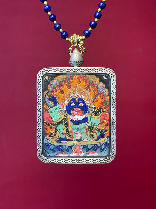 3.5x4.5cm Black-Cloak Mahakala (黑袍怙主) Tibet Buddhist Pendant with Copper Casing: Dharma Tibetan Buddhist Jewelry