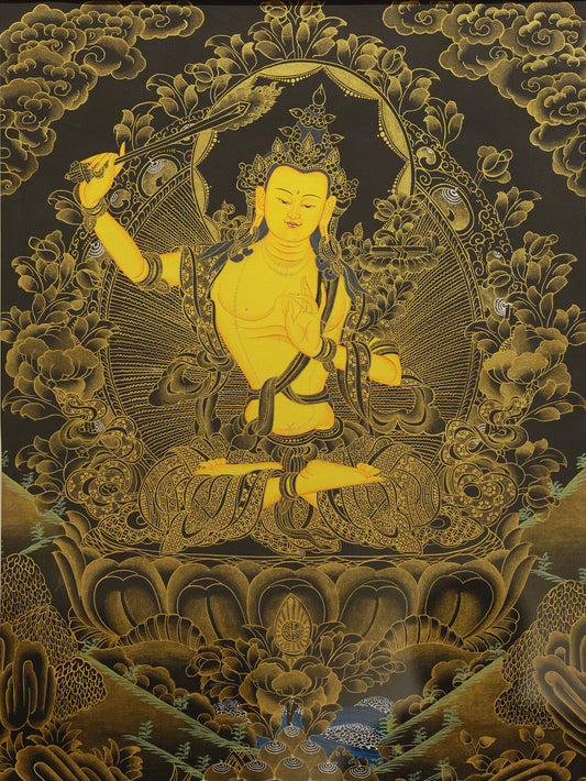 The Embodiment of Wisdom in Black-Gold Thangka: Manjushri in Tibetan Buddhism