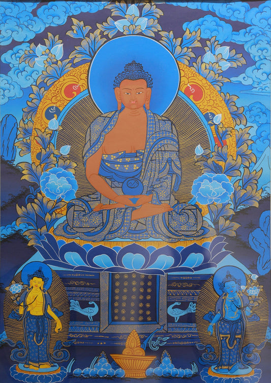 Hand-Painted Tibetan Blue Thangka of Medicine Buddha’s Lapis Lazuli Pure Land: In-Depth Tibetan Buddhist Thangka Painting