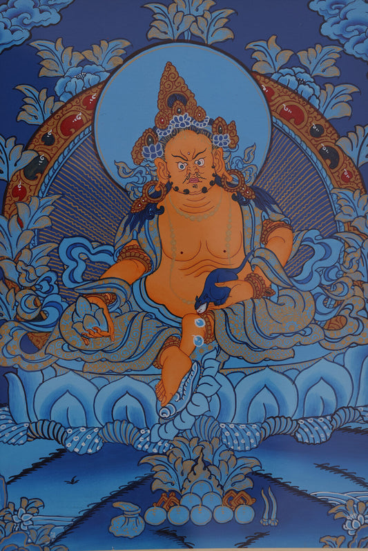 Tibetan Hand-Painted Yellow Jambhala Thangka: Wealth Wisdom in Millennium-Old Craft, a Faith Totem of Handmade Mineral Pigments