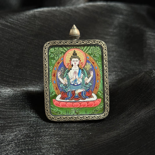 3.5x4.5cm Hand-Painted Rekong Cuiying (翠映梵心) Four-Armed Avalokiteshvara Buddhist Pendant: Tibetan Buddhist Jewelry