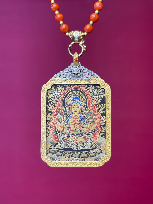 3.5x4.5cm Four-Armed Avalokiteshvara (四臂观音) Rekong Black Gold Buddhist Pendant with 925 Tibetan Buddhist Jewelry