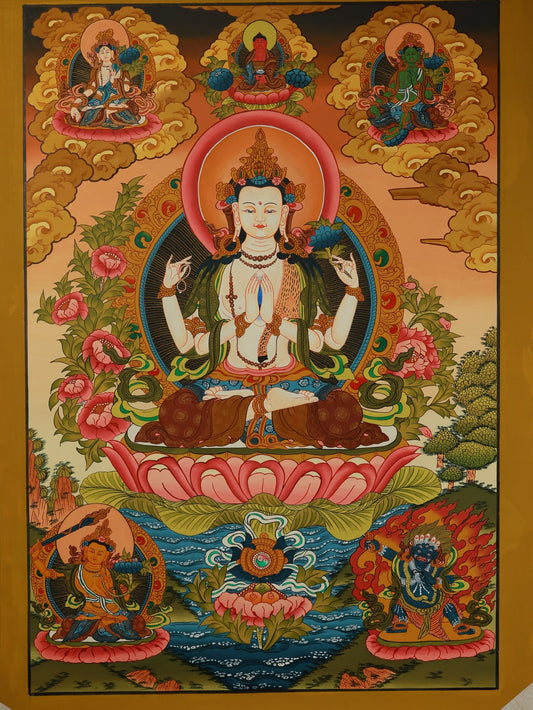 Hand-Painted Four-Armed Avalokiteshvara Mandala Thangka The Spiritual Essence of Tibetan Compassion and Regong Sacred Art