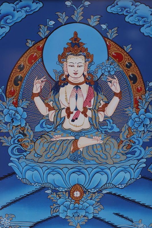 The Blue Thangka of 4-Armed Chenrezig: Unveiling Tibet’s Sacred Art of Compassion
