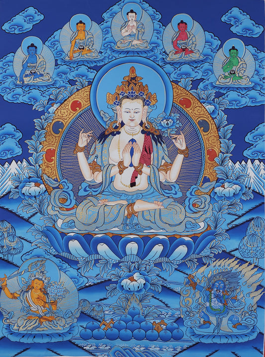 Hand-Painted Four-Armed Avalokiteshvara Thangka | Tibetan Buddhist Compassion Art