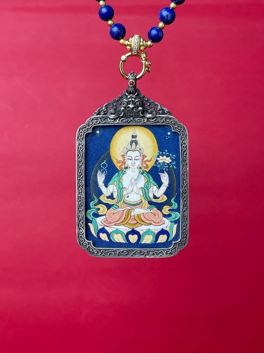 3.5x4.5cm Four-Armed Avalokiteshvara (四臂观音) Buddhist Pendant with Refined Silver Casing: Tibetan Buddhist Jewelry