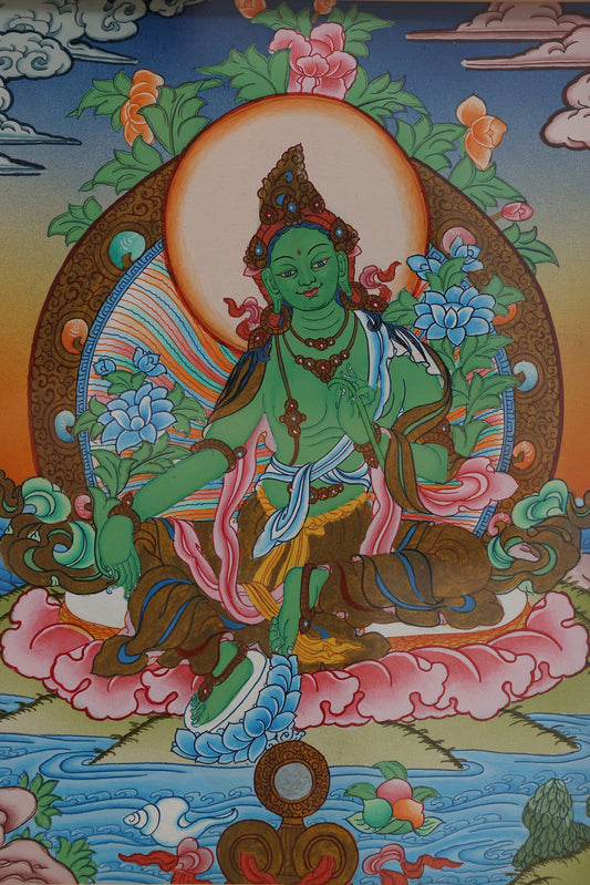 A Deep Dive into a Nepalese Hand-Painted Green Tara Thangka: Tibetan Buddhist Symbolism, Iconography, and Artisanal Craftsmanship