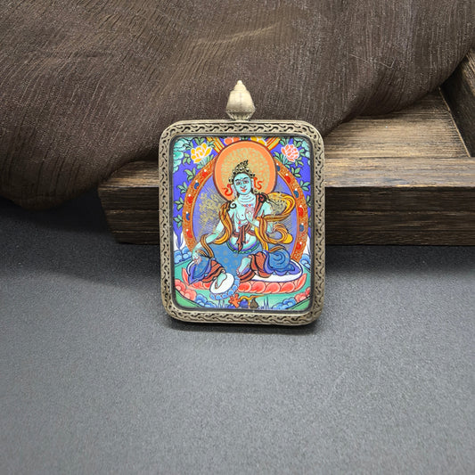 3.5x4.5cm Hand-Painted Rekong Green Tara (绿度母) Buddhist Pendant with 925 Silver: Tibetan Buddhist Jewelry