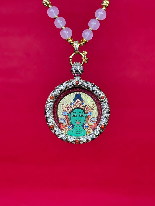3.5cm Rekong Red Gold Green Tara (绿度母) Buddhist Pendant with Copper Tibetan Buddhist Jewelry