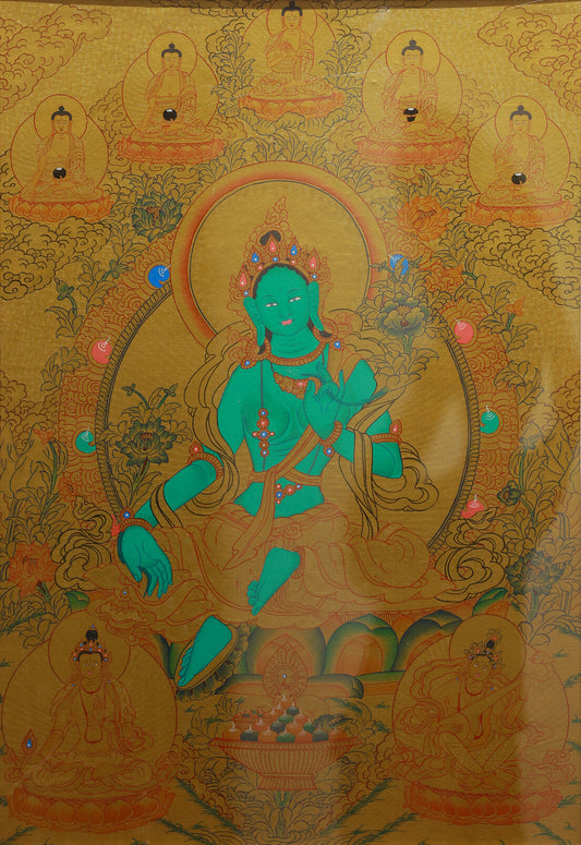Tibetan Buddhist Gold Leaf Green Tara Thangka A Deep Analysis of Spiritual Symbolism, Deity Iconography, and Gilded Craftsmanship