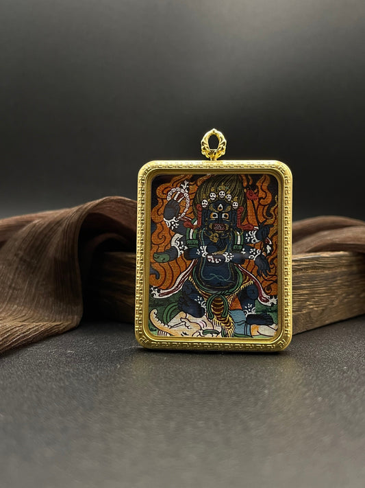 4x5cm Hand-Painted Nepal Mahakala (大黑天) Buddhist Pendant with Titanium Casing: Ward Off Tibetan Buddhist Jewelry