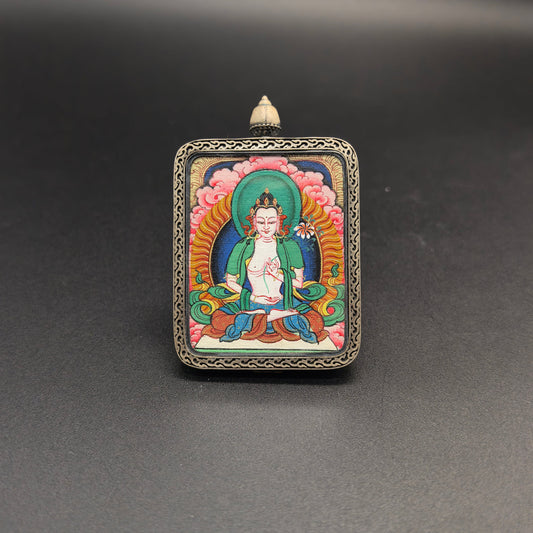 3.5x4.5cm Hand-Painted Tibet Red Cloud Mahasthamaprapta (大势至菩萨) Buddhist Pendant with 925 Tibetan Buddhist Jewelry