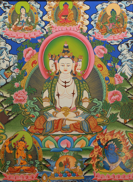 Nepal Hand-Painted Color Thangka Analysis: Vairocana Five Dhyani Buddhas Mandala in Tibetan Buddhist Thangka Painting