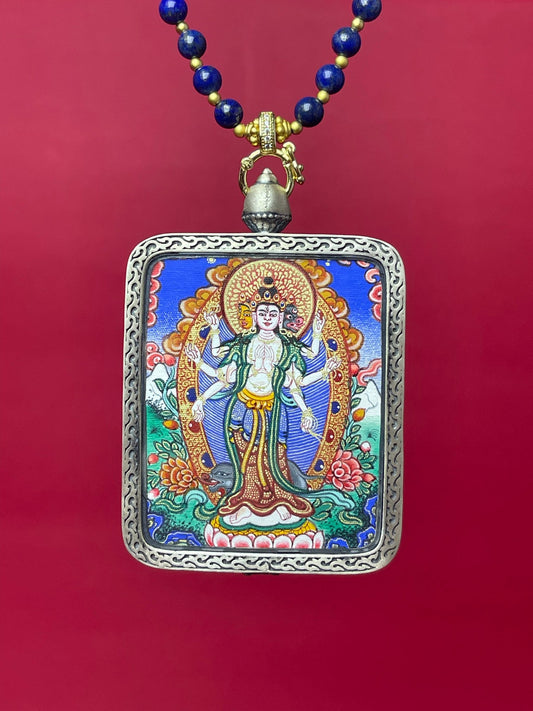 4x5cm Marici (摩利支天) Rekong Buddhist Pendant with Dunhuang Nine-Colour Deer Silver Casing: Tibetan Buddhist Jewelry