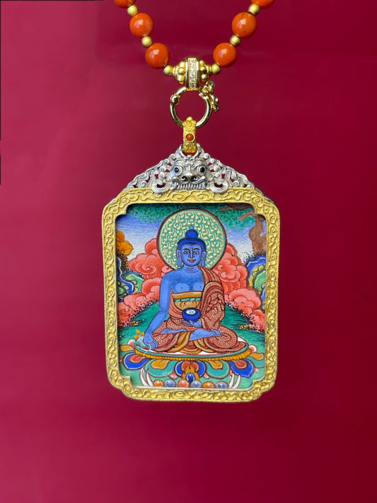 3.5x4.5cm Medicine Buddha (药师佛) Rekong Buddhist Pendant with 925 Silver Casing: Healing Tibetan Buddhist Jewelry