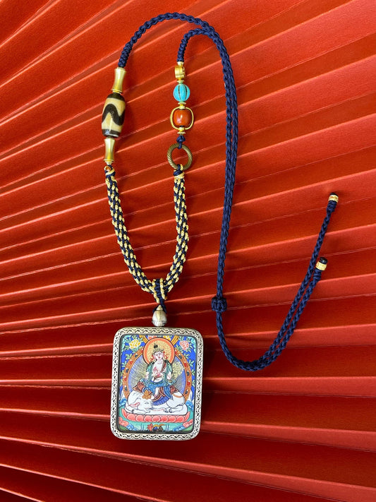 3.5x4.5cm Hand-Painted Samantabhadra (普贤菩萨) Rekong Buddhist Pendant with 925 Silver Tibetan Buddhist Jewelry