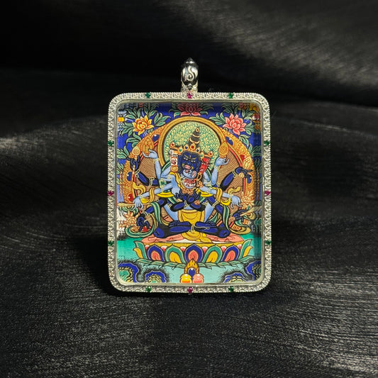 4x5cm Hand-Painted Rekong Samvara (Vajra) Buddhist Pendant with 925 Silver Casing: Tibetan Buddhist Jewelry