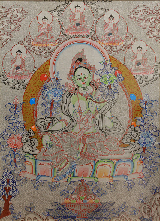 Tibetan Silver Thangka of Green Tara: The Compassionate Art and Craft Code of Tibetan Tibetan Buddhist Thangka Painting