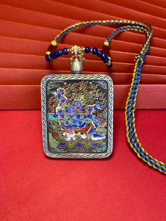 4x5cm Six-Armed Mahakala (六臂玛哈嘎拉) Rekong Buddhist Pendant with Copper Casing: Dharma Tibetan Buddhist Jewelry
