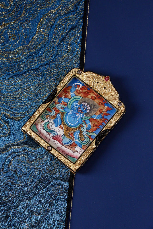 Tibet Regong Blue Cloud Six-Armed Mahakala Buddhist Pendant: A 4x5cm Miniature of Tibetan Tibetan Buddhist Jewelry