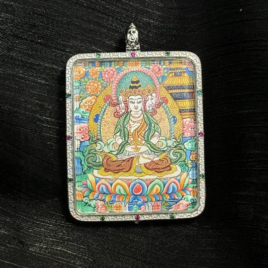 4x5cm Hand-Painted Vairocana Buddha with Eight Guardians and Mandala Buddhist Pendant: Tibetan Buddhist Jewelry