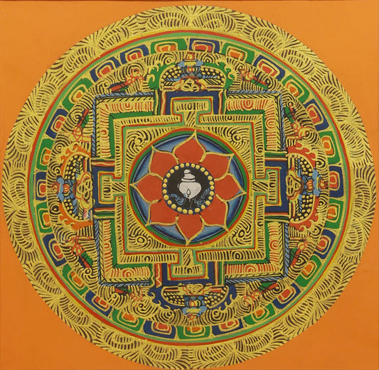 Nepalese 20×20cm Hand-Painted Auspicious Vase Mandala Thangka: The Microcosmic Sacred Tibetan Buddhist Thangka Painting