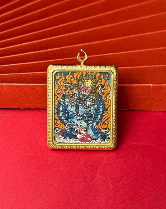4x5cm Hand-Painted Nepal Yamantaka (大威德金刚) Buddhist Pendant with Hand-Designed Cord: Tibetan Buddhist Jewelry